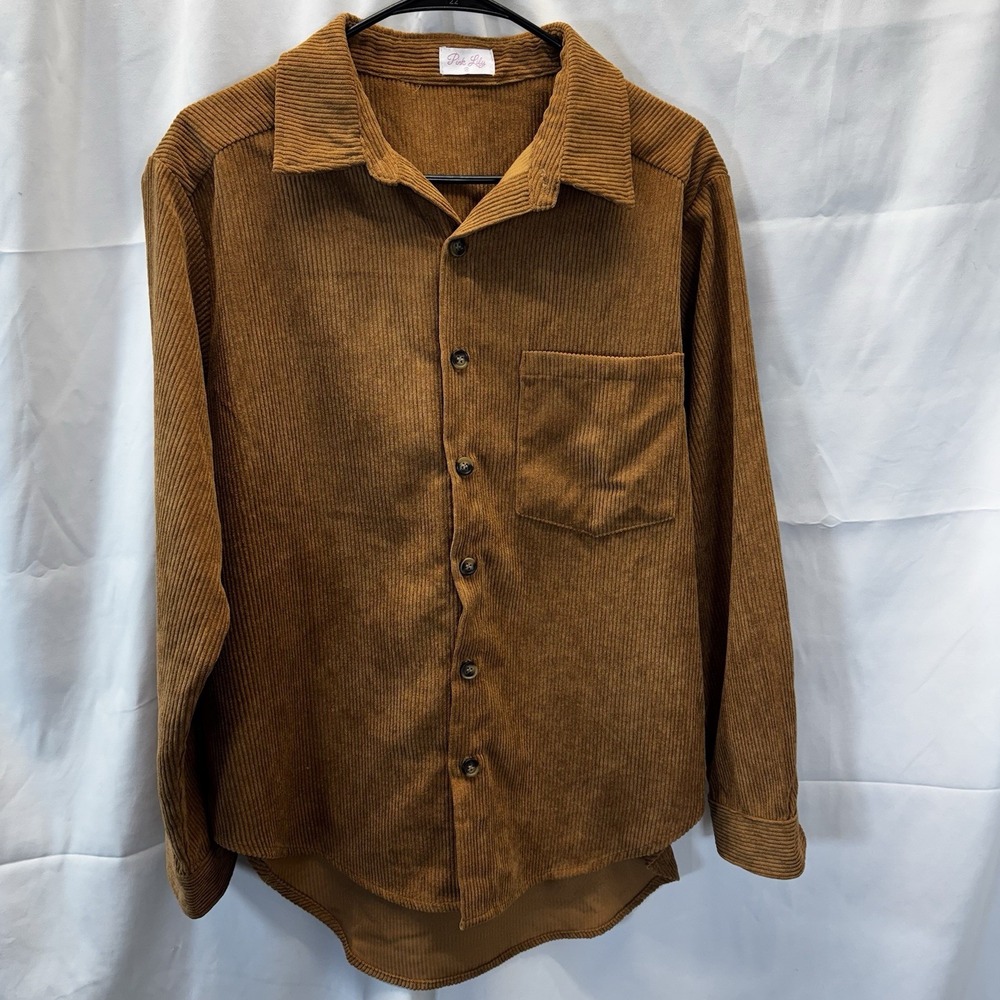 Pink Lily Oversized SHACKET Corduroy Jacket Women's Utility Brown Shirt Size Med